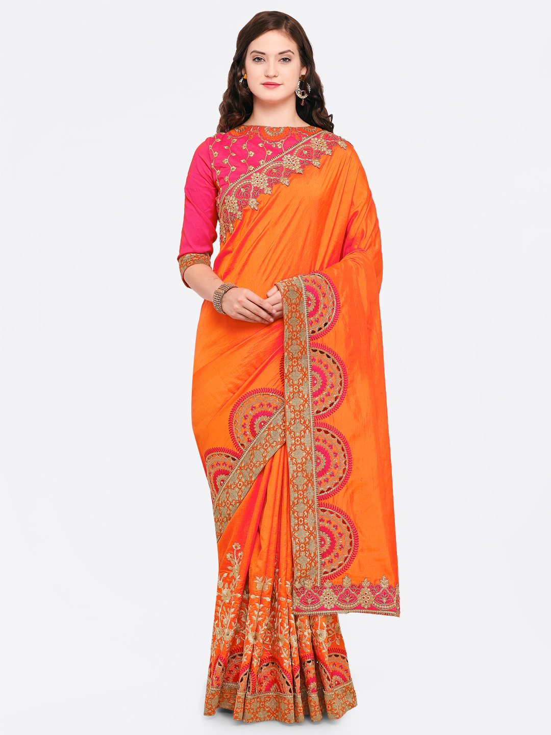 Indian Women Orange Embroidered Silk Blend Saree Price in India