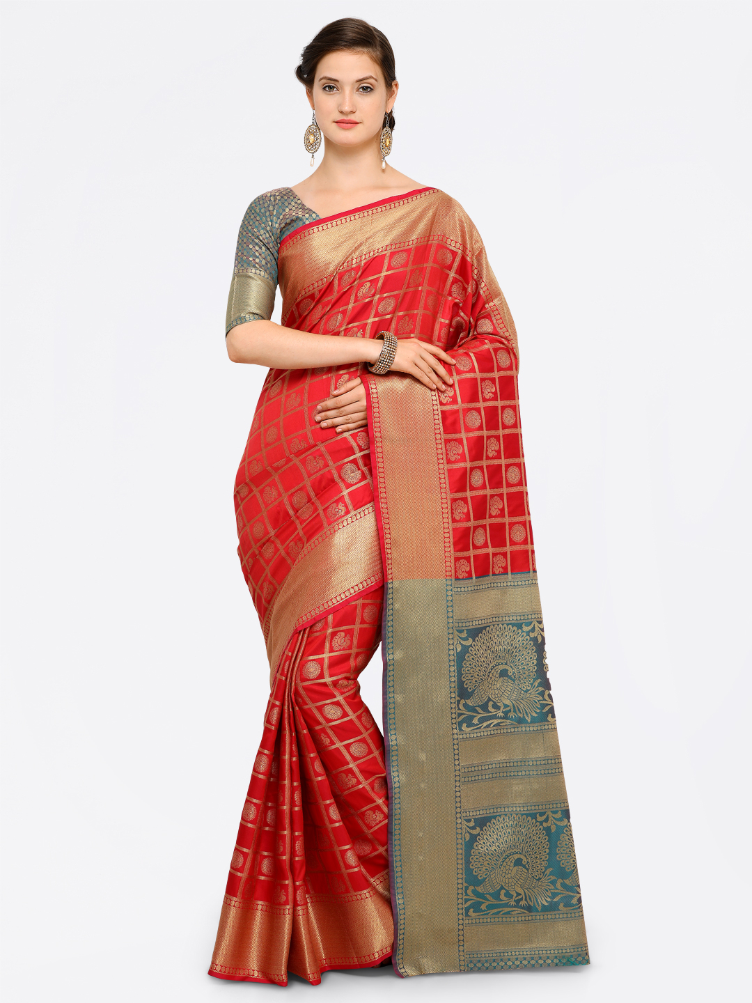 Saree mall Red Silk Blend Woven Design Kanjeevaram Saree Price in India
