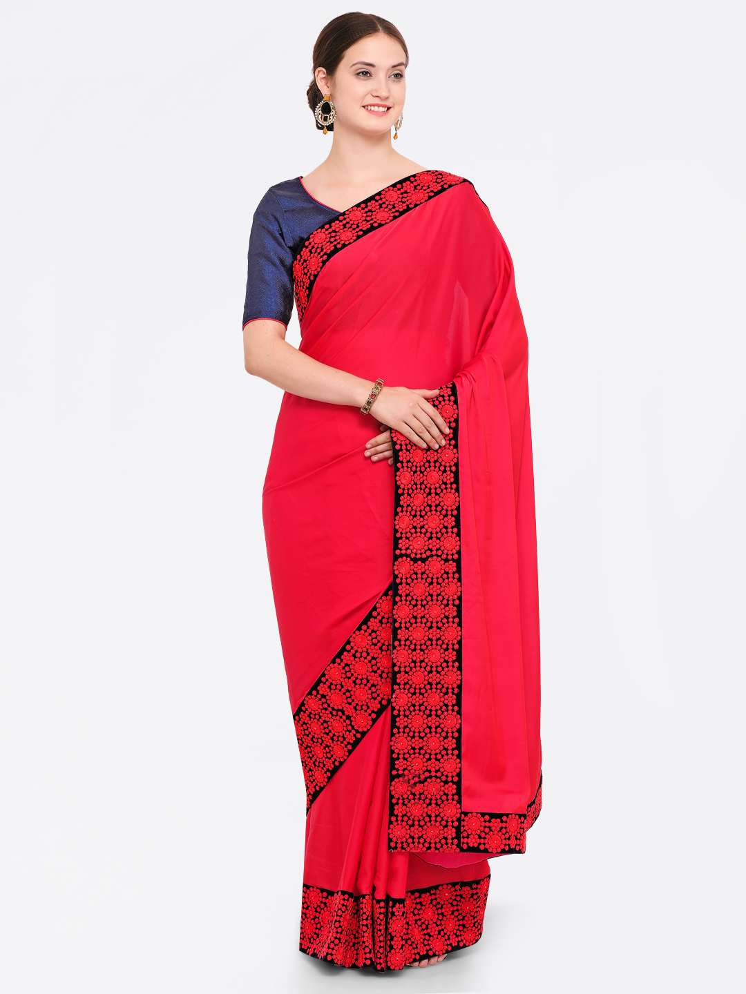 Indian Women Red & Navy Blue Satin Embroidered Saree Price in India