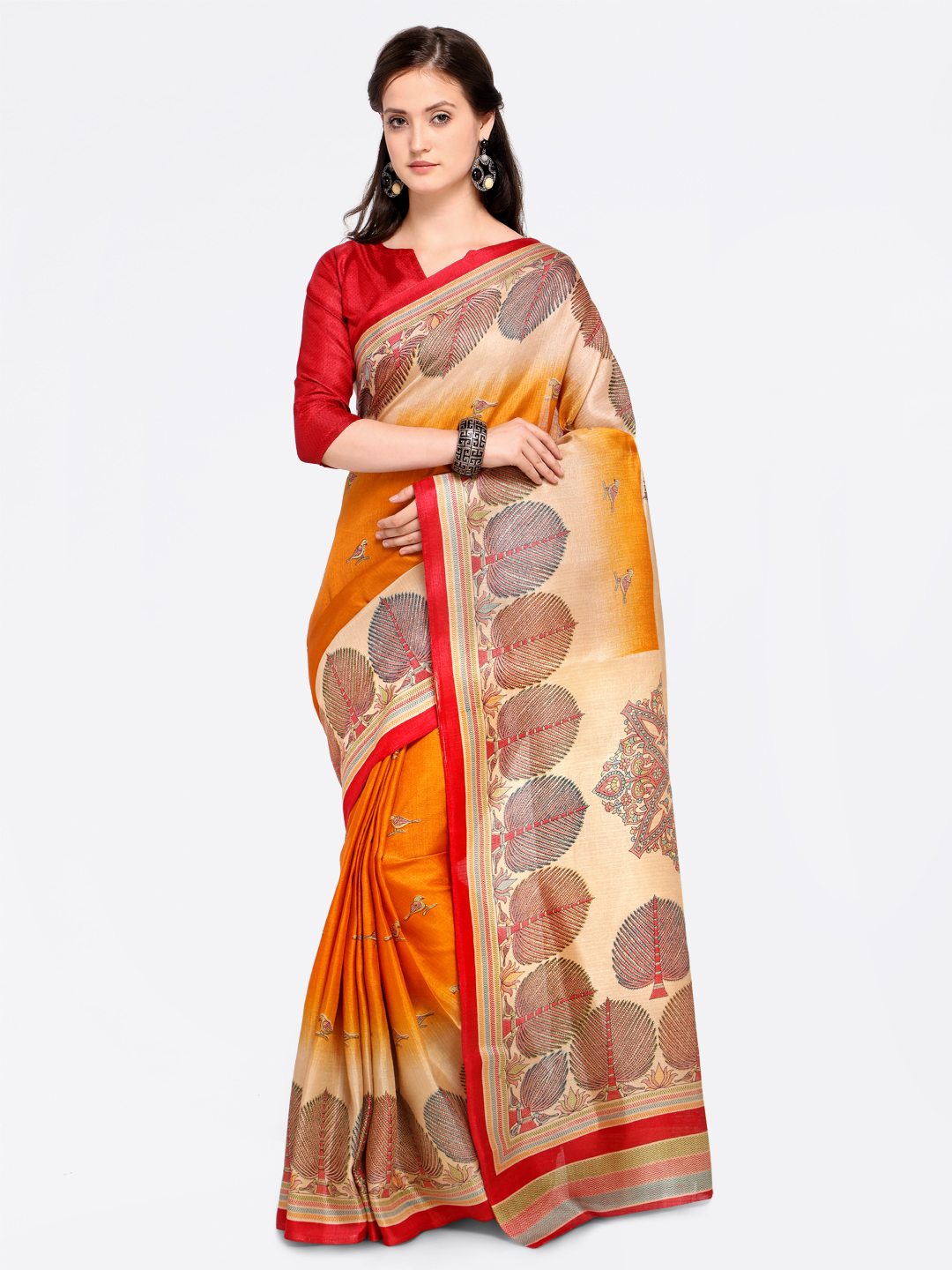 Saree mall Orange Art Silk Printed Bhagalpuri Saree Price in India