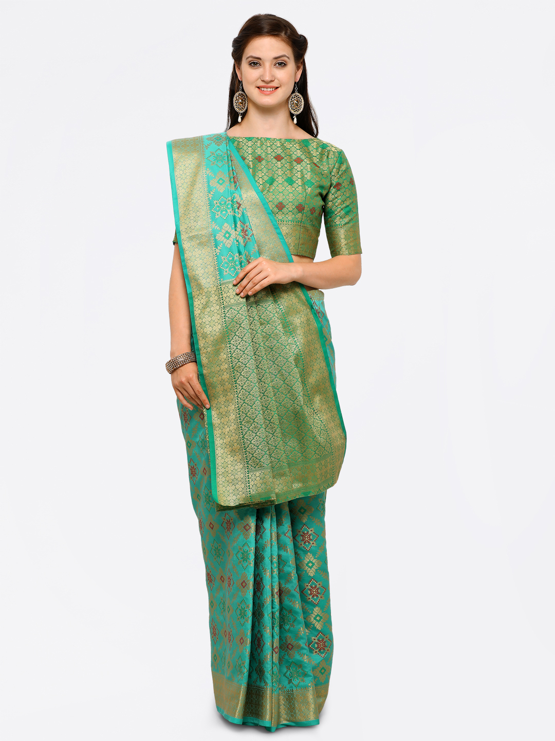 Saree mall Sea Green & Teal Silk Blend Embellished Kanjeevaram Saree Price in India