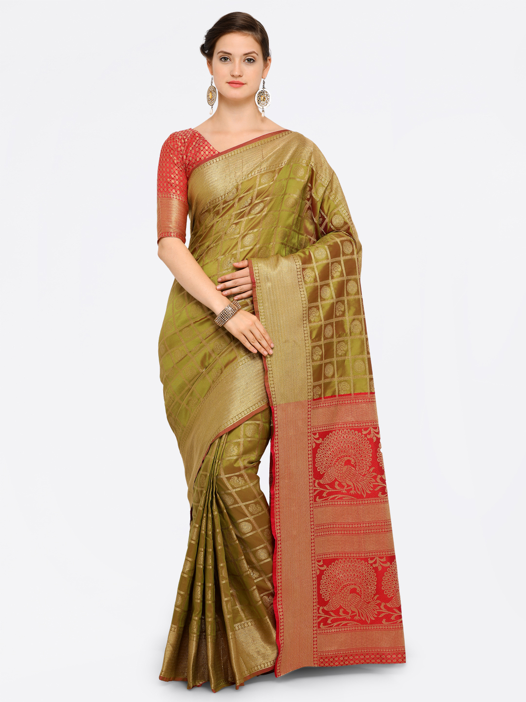 Saree mall Olive Green & Red Silk Blend Embellished Kanjeevaram Saree Price in India