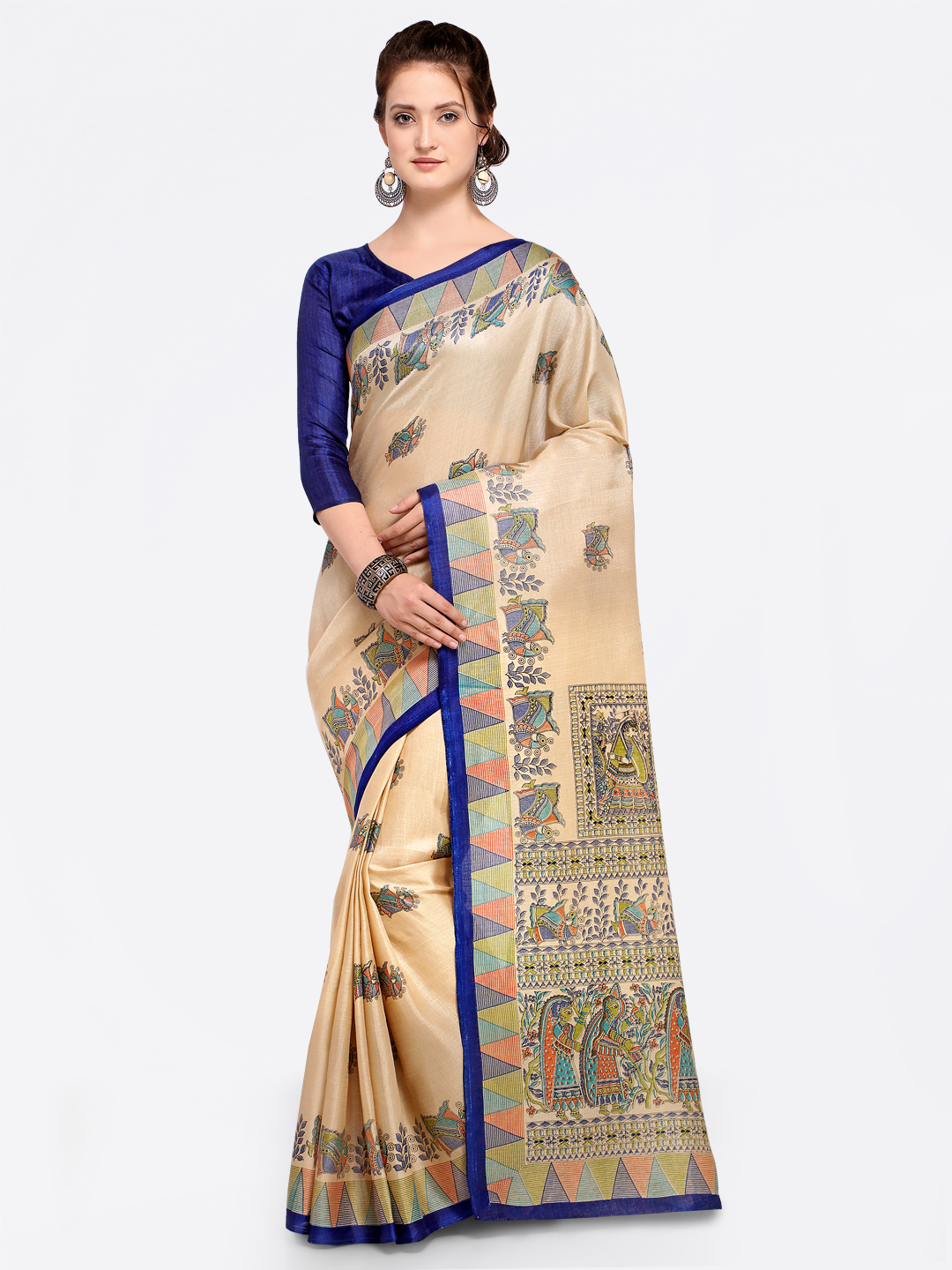 Saree mall Beige & Navy Blue Art Silk Printed Bhagalpuri Saree Price in India