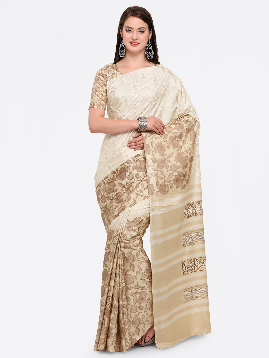 Saree mall Beige & Off-White Silk Blend Printed Saree Price in India