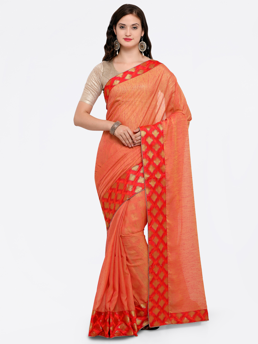 Saree mall Orange Silk Blend Printed Banarasi Saree Price in India