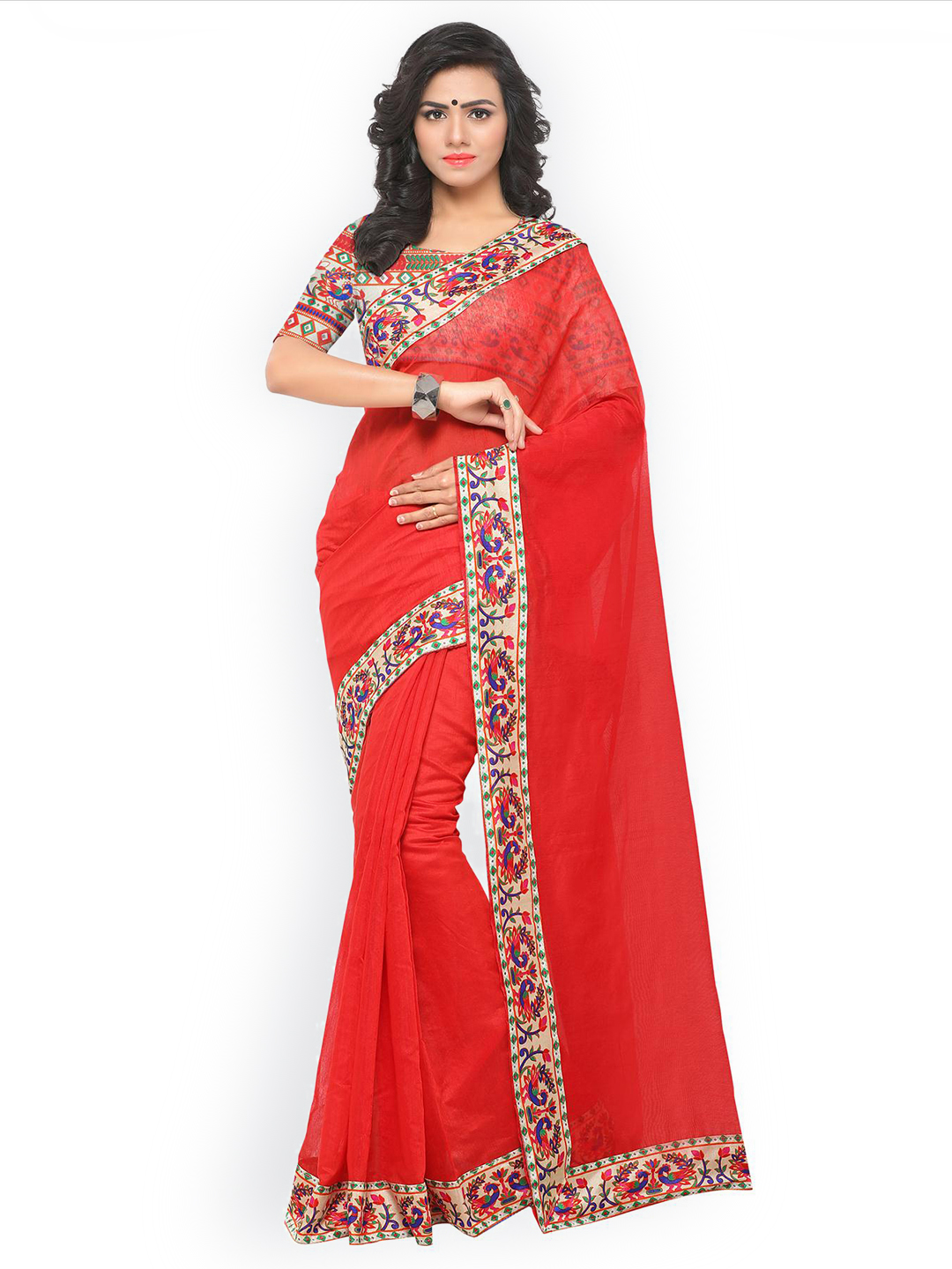 Blissta Women Red Cotton Blend Solid Chanderi Saree Price in India