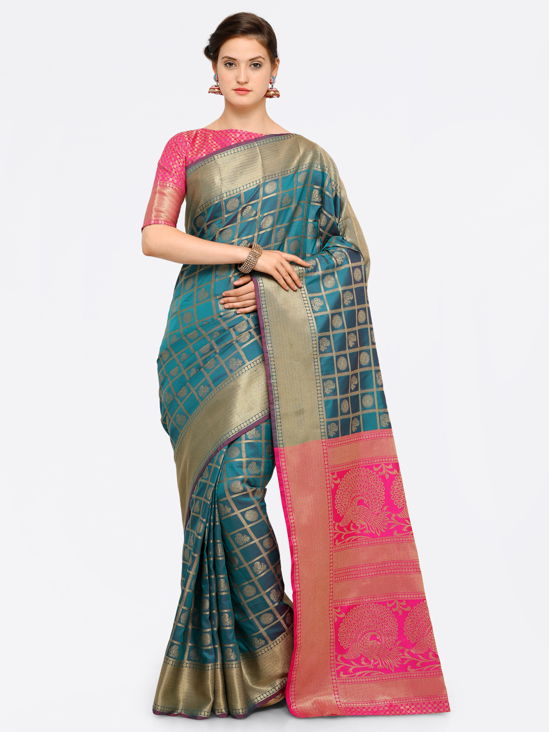 Saree mall Teal Green & Pink Silk Blend Woven Design Kanjeevaram Saree Price in India