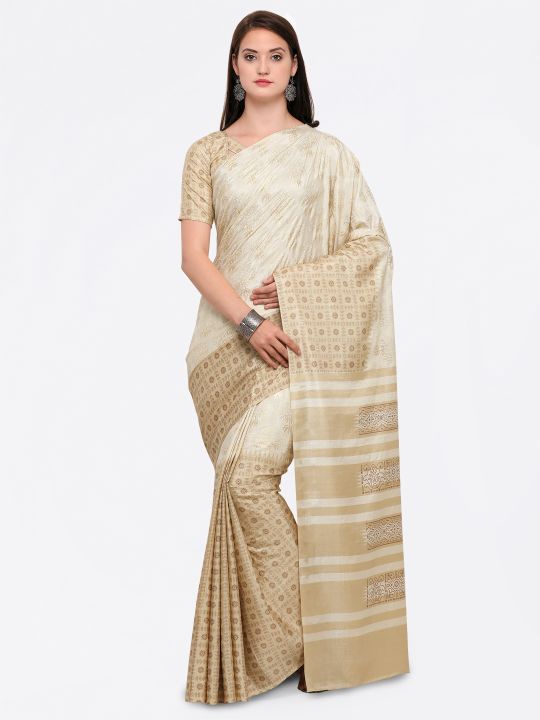 Saree mall Beige & Off-White Silk Blend Printed Saree Price in India