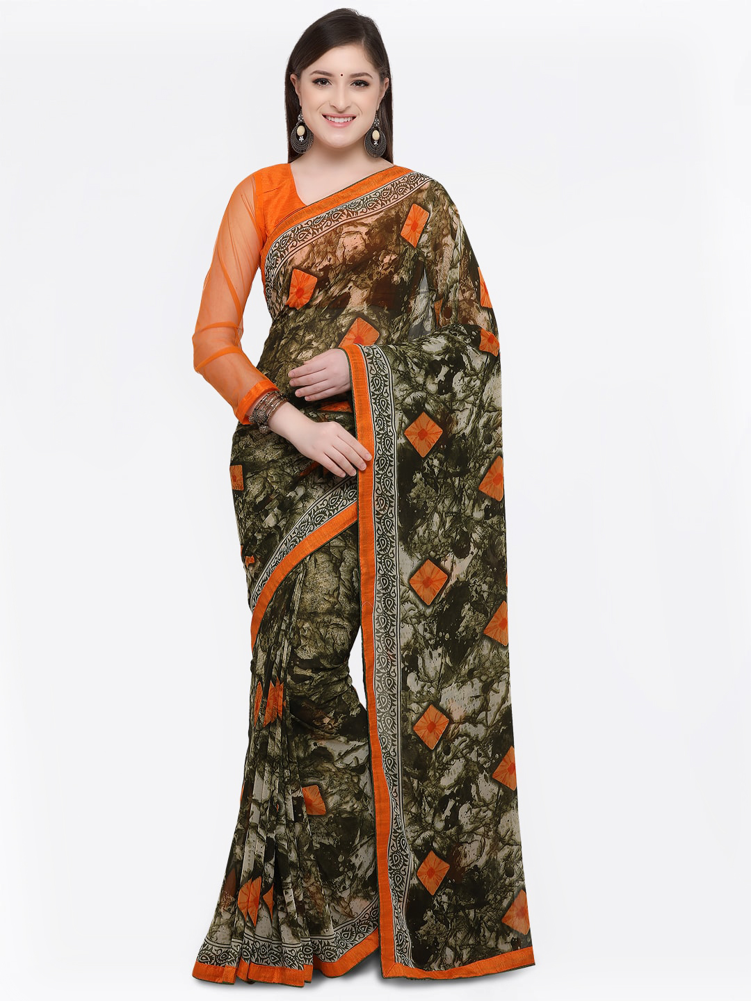 Online Fayda Green & Orange Pure Georgette Printed Saree Price in India