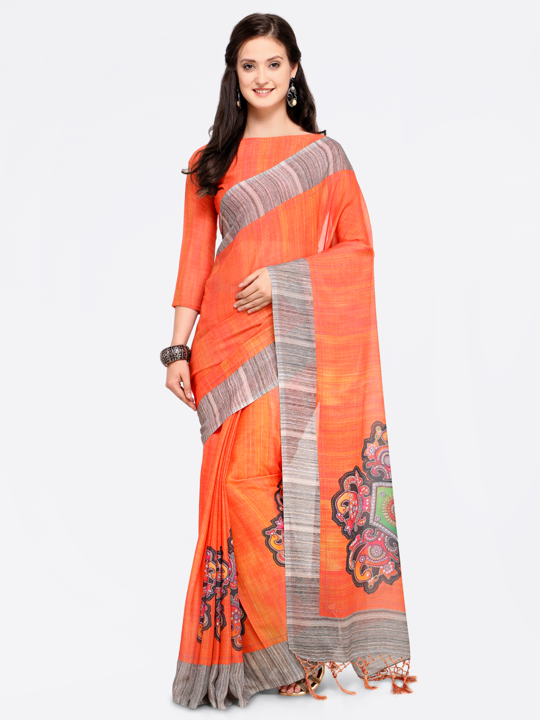 Saree mall Orange Silk Blend Embellished Maheshwari Saree Price in India