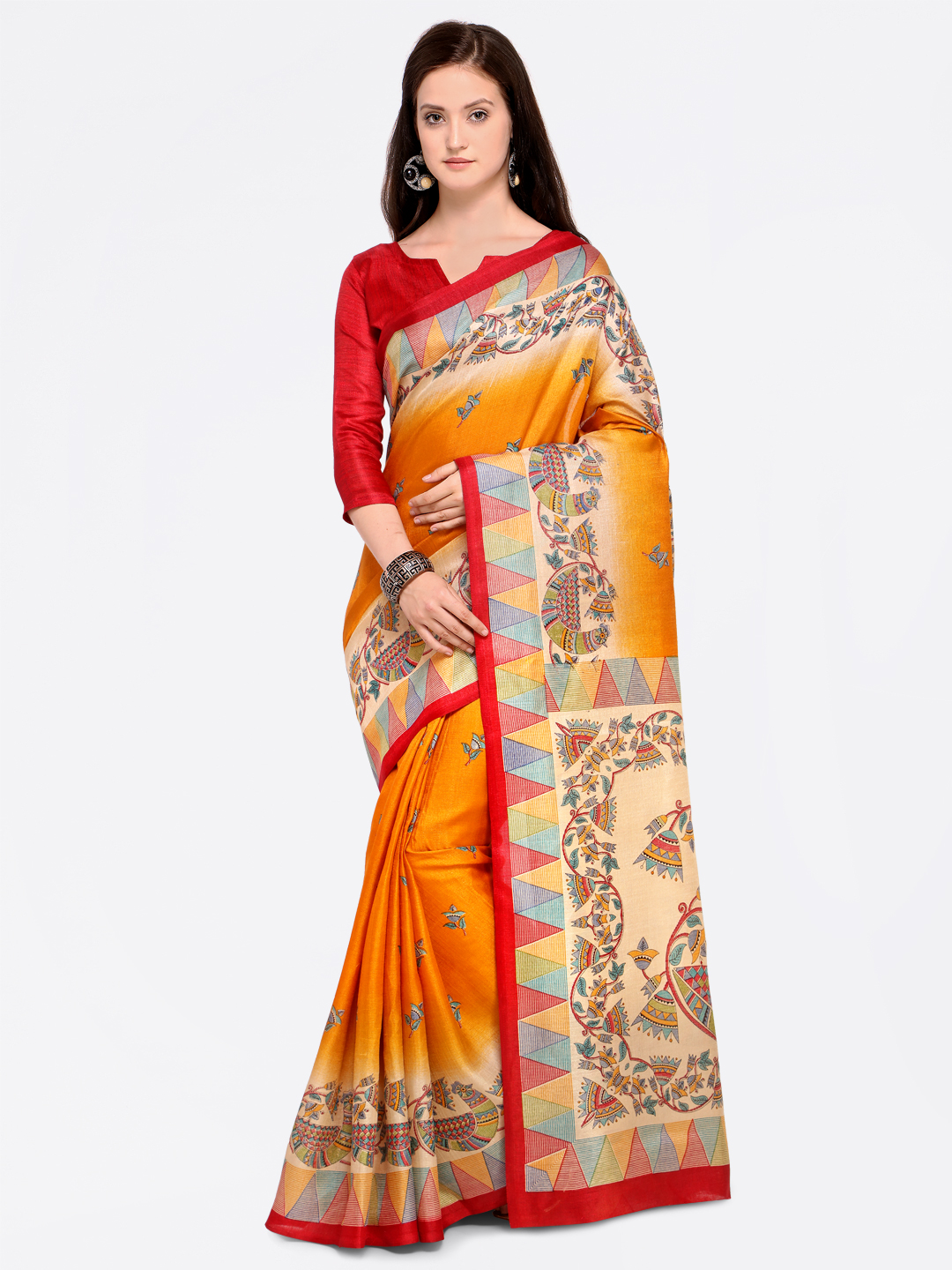 Saree mall Orange & Red Art Silk Printed Bhagalpuri Saree Price in India