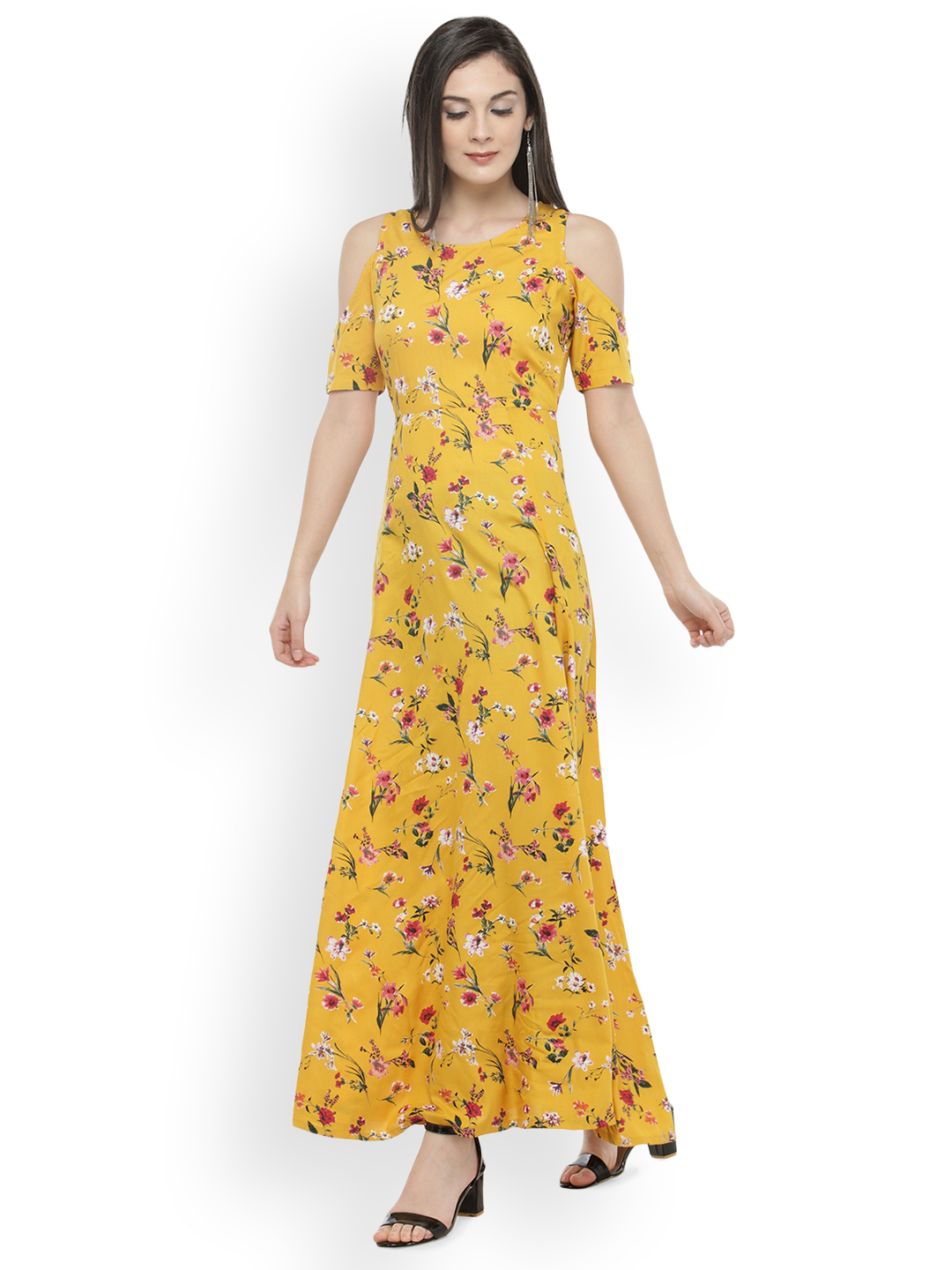 plusS Women Mustard Yellow & Red Printed Cold-Shoulder Maxi Dress Price in India