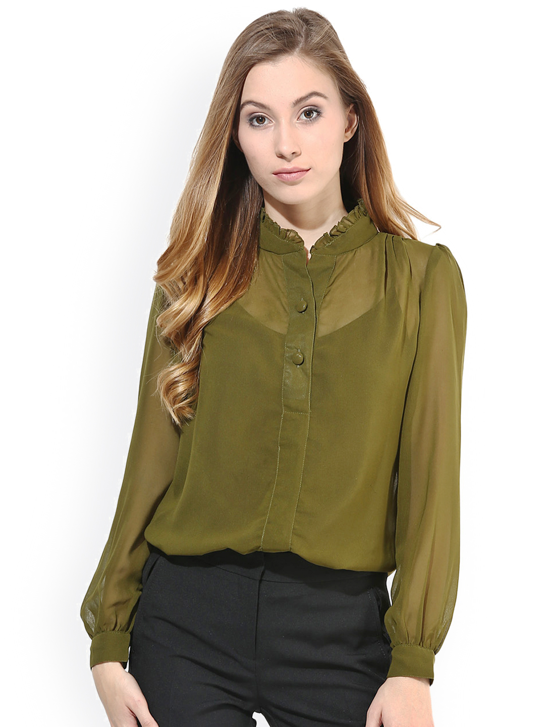 La Zoire Women Olive Green Regular Fit Solid Semi-Sheer Formal Shirt Price in India