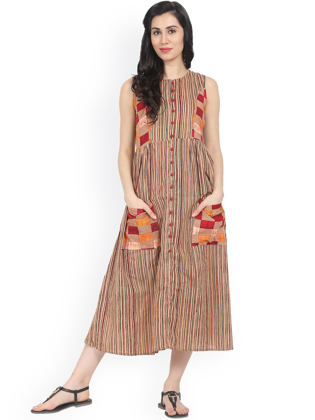 Nayo Women Brown Striped Fit and Flare Dress Price in India