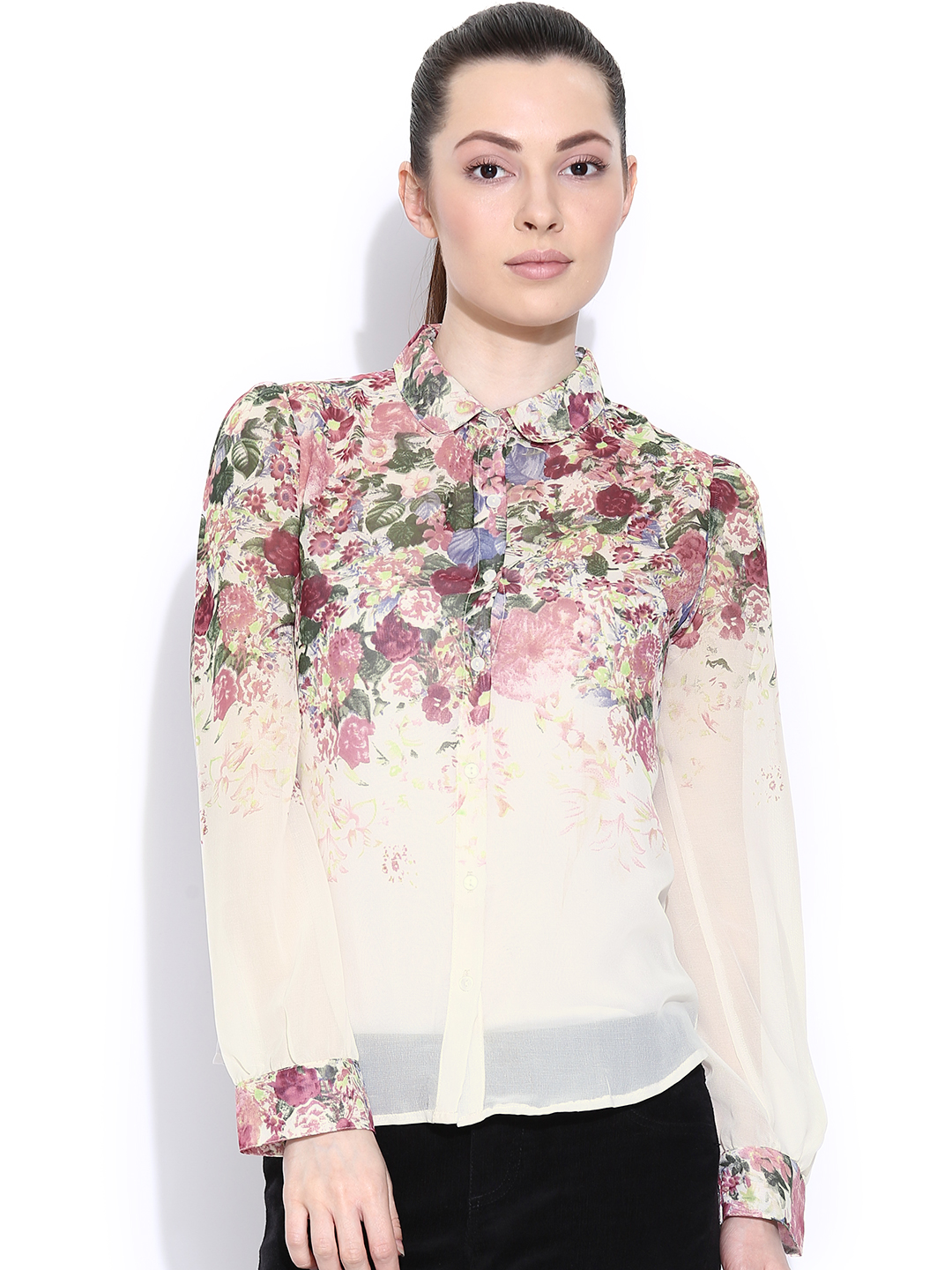 Popnetic Off-White Sheer Floral Print Shirt Price in India