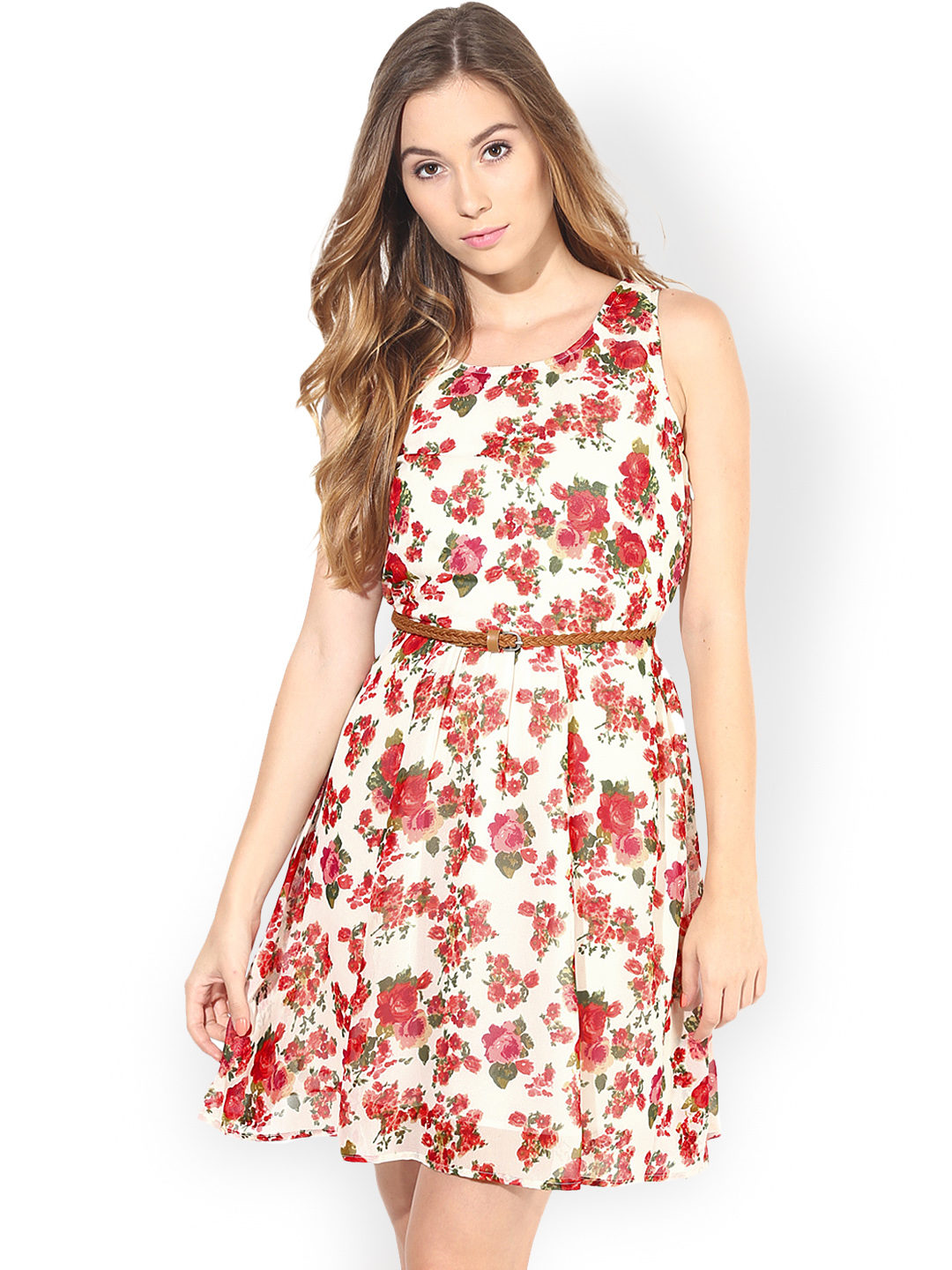 La Zoire Cream-Coloured Printed Fit & Flare Dress Price in India