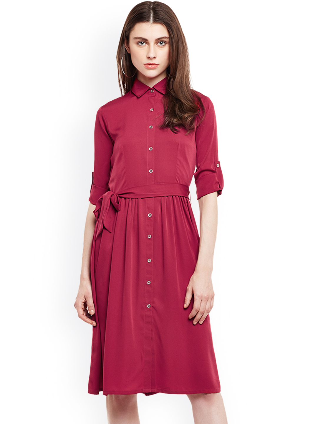 WISSTLER Women Maroon Solid Shirt Dress Price in India