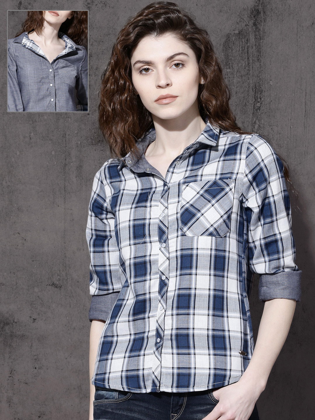 Roadster Women Blue & White Regular Fit Checked Reversible Casual Shirt Price in India