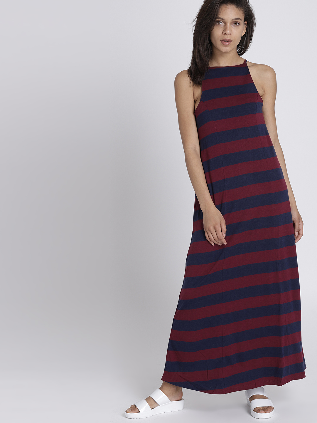 Chemistry Women Maroon Striped Maxi Dress Price in India