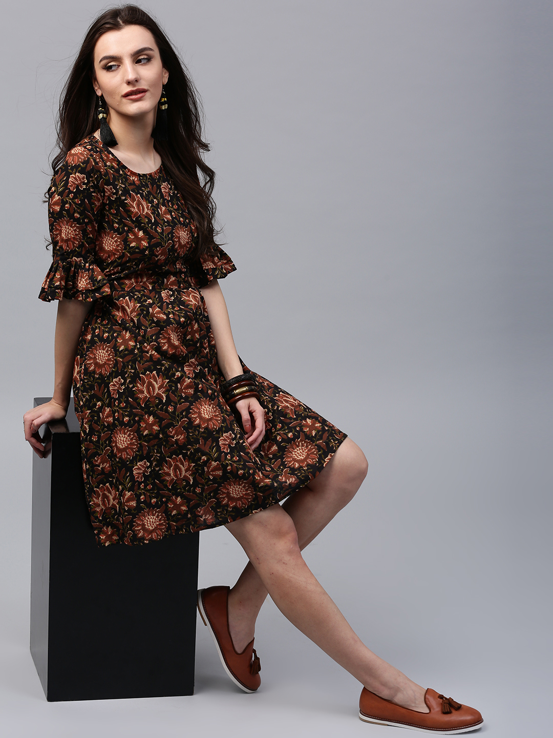 AKS Women Black Printed Fit & Flare Dress Price in India