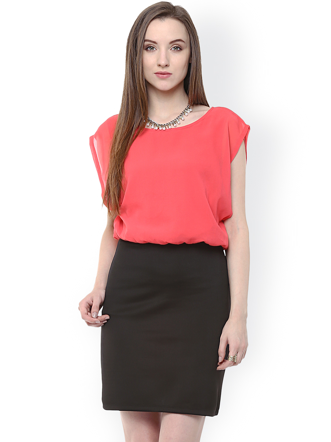 Zima Leto Coral Pink & Black Blouson Dress Price in India