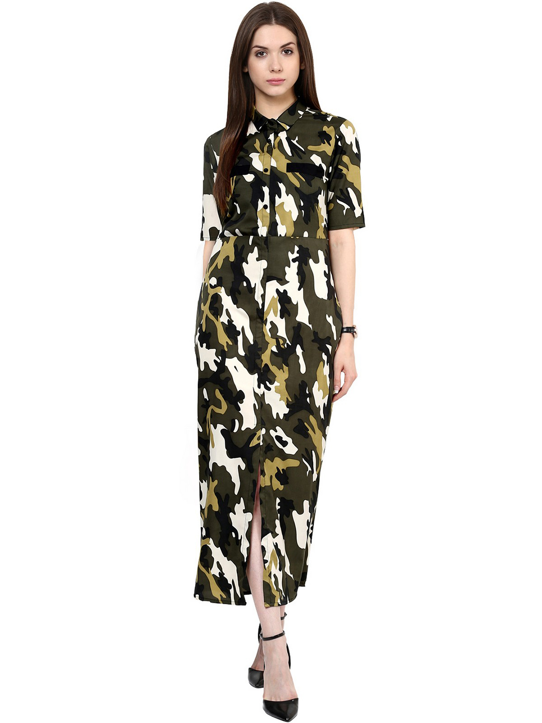 Zima Leto Women Green & Black Camouflage Print Maxi Dress Price in India