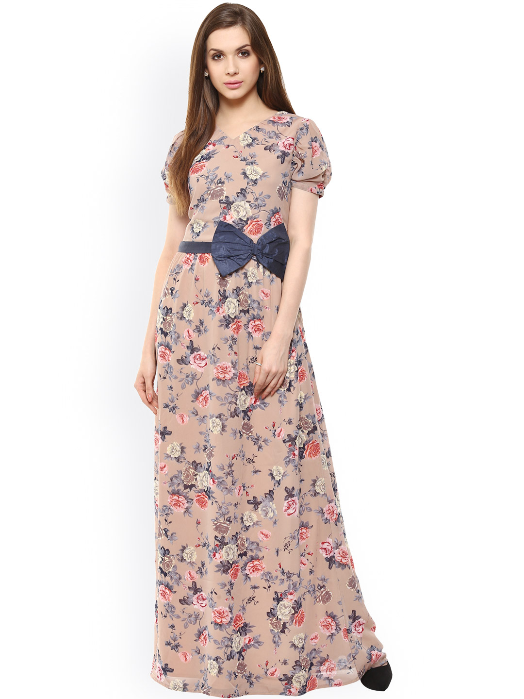La Zoire Beige Floral Print Maxi Dress Price in India