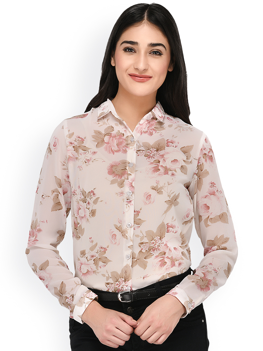 PURYS Women Off-White Smart Regular Fit Printed Casual Shirt Price in India