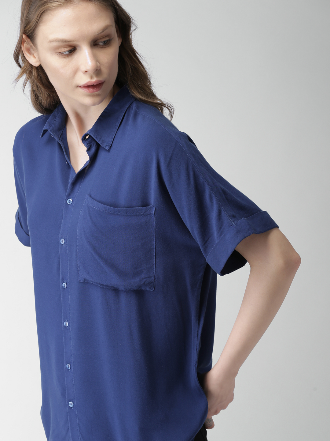 Mast & Harbour Women Blue Regular Fit Solid Casual Shirt Price in India