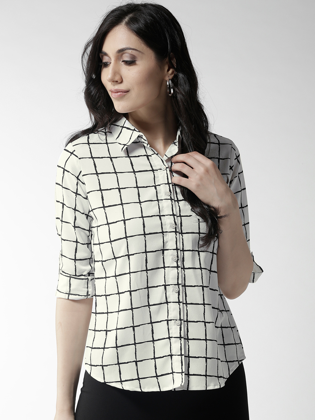 Style Quotient Women White & Black Regular Fit Checked Casual Shirt Price in India