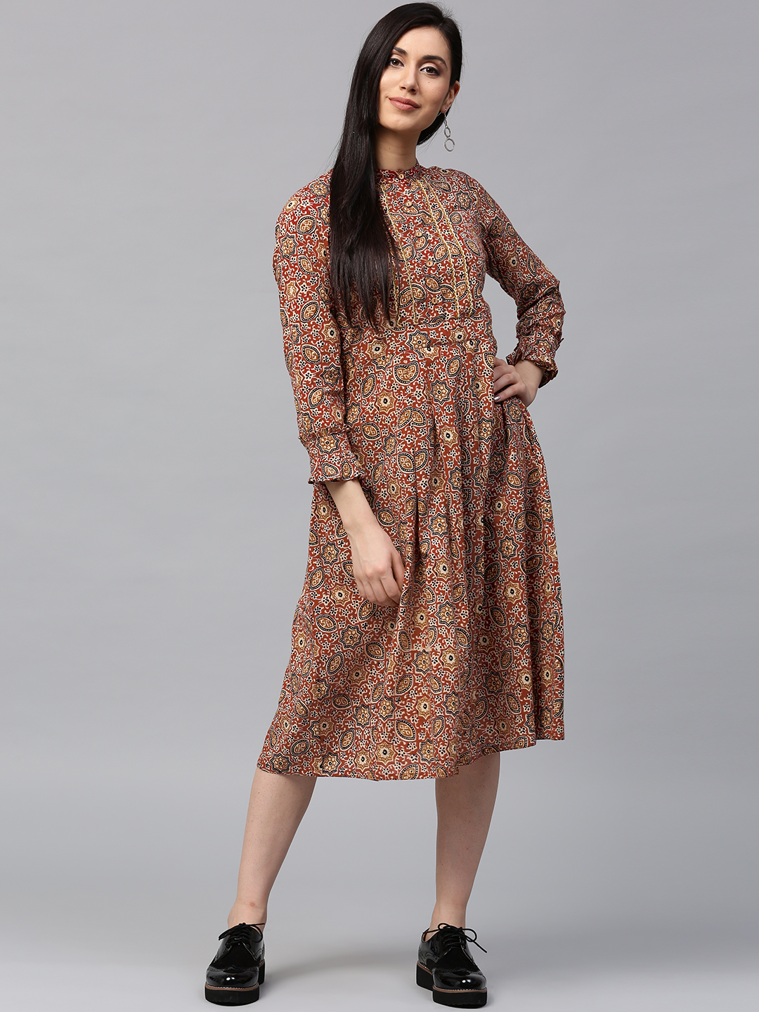 Jaipur Kurti Women Maroon & Beige Printed A-Line Midi Dress Price in India