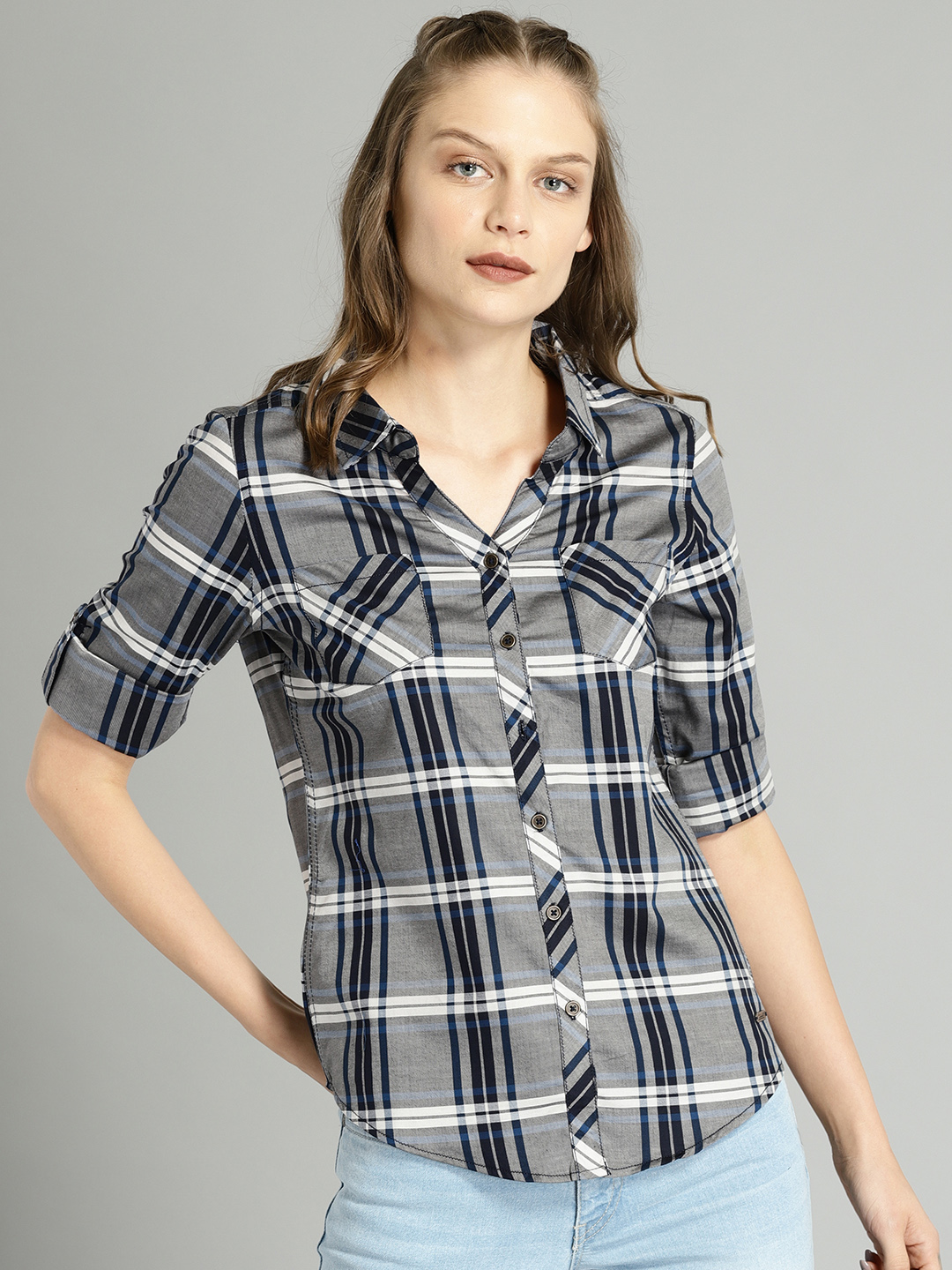 Roadster Women Grey & Black Regular Fit Checked Casual Shirt Price in India