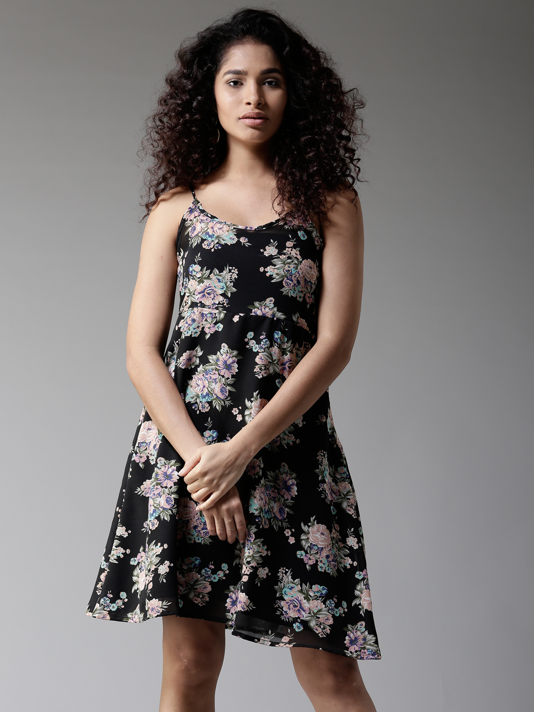 HERE&NOW Women Black Floral Print Empire Dress Price in India