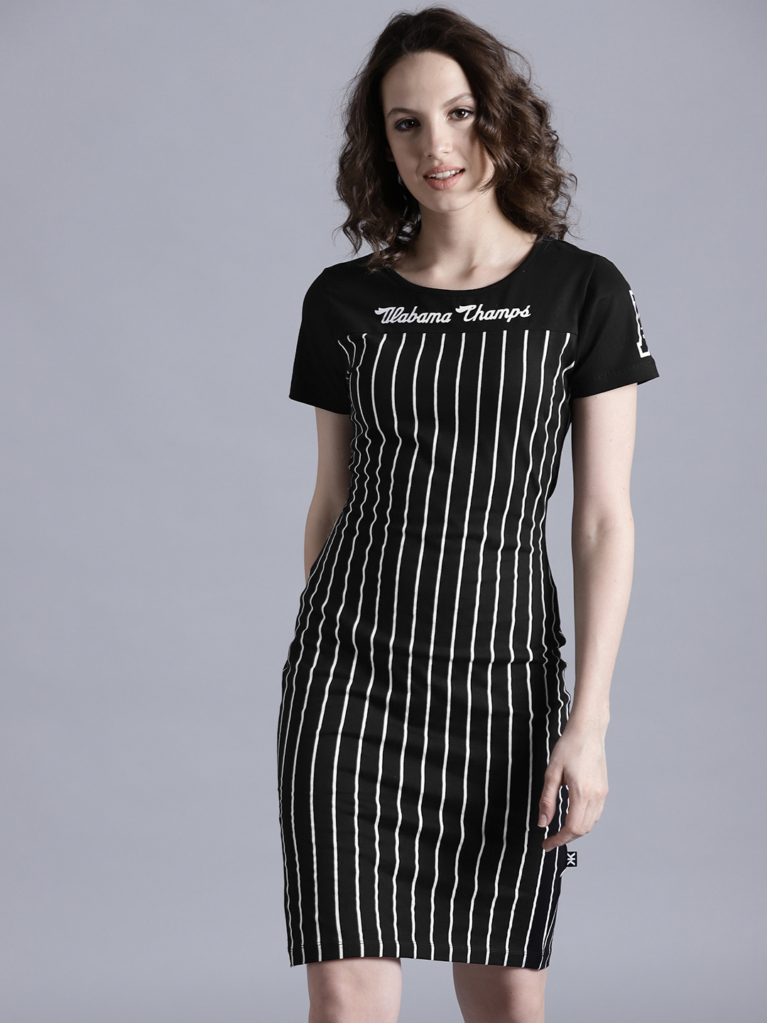 Kook N Keech Women Black & White Striped Sheath Dress Price in India