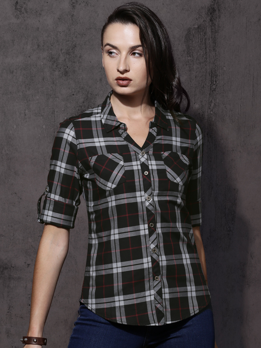 Roadster Women Black & Grey Regular Fit Checked Casual Shirt Price in India