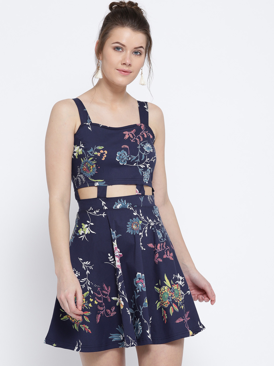 Sera Women Navy Blue Floral Print Cut-Out Fit and Flare Dress Price in India