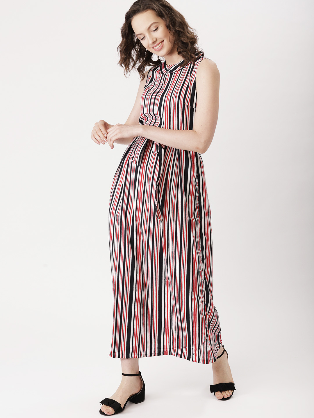 DressBerry Women Navy Blue & Red Striped Maxi Dress Price in India