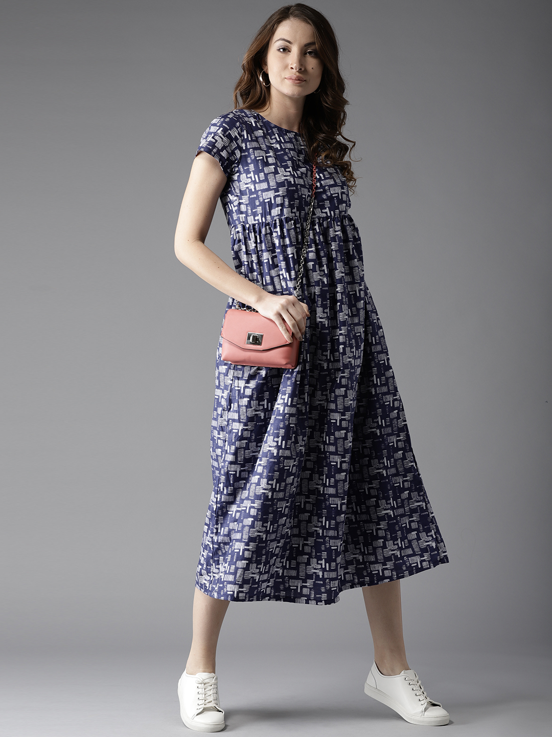 HERE&NOW Women Navy Blue & Off-White Printed Empire Dress Price in India