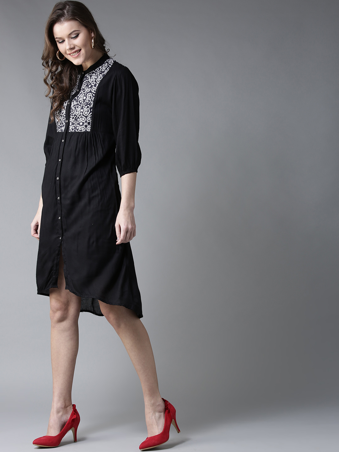 Moda Rapido Women Black Solid Shirt Dress Price in India