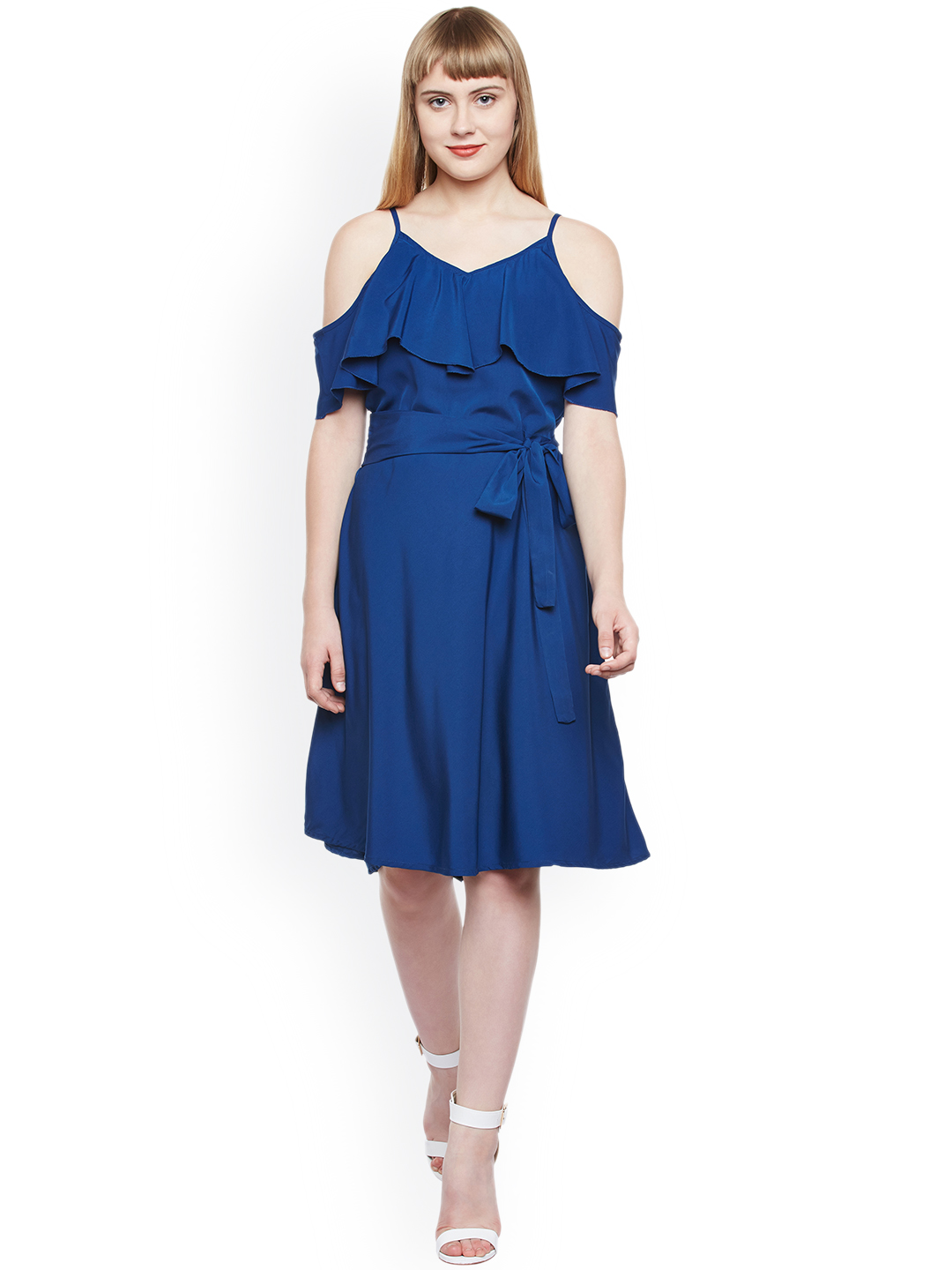 Popnetic Women Blue Solid Fit & Flare Dress Price in India