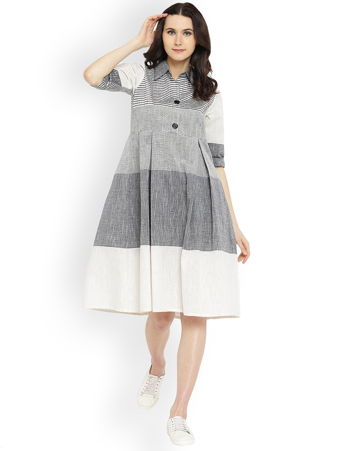 Shakumbhari Women Grey Striped Fit and Flare Dress Price in India