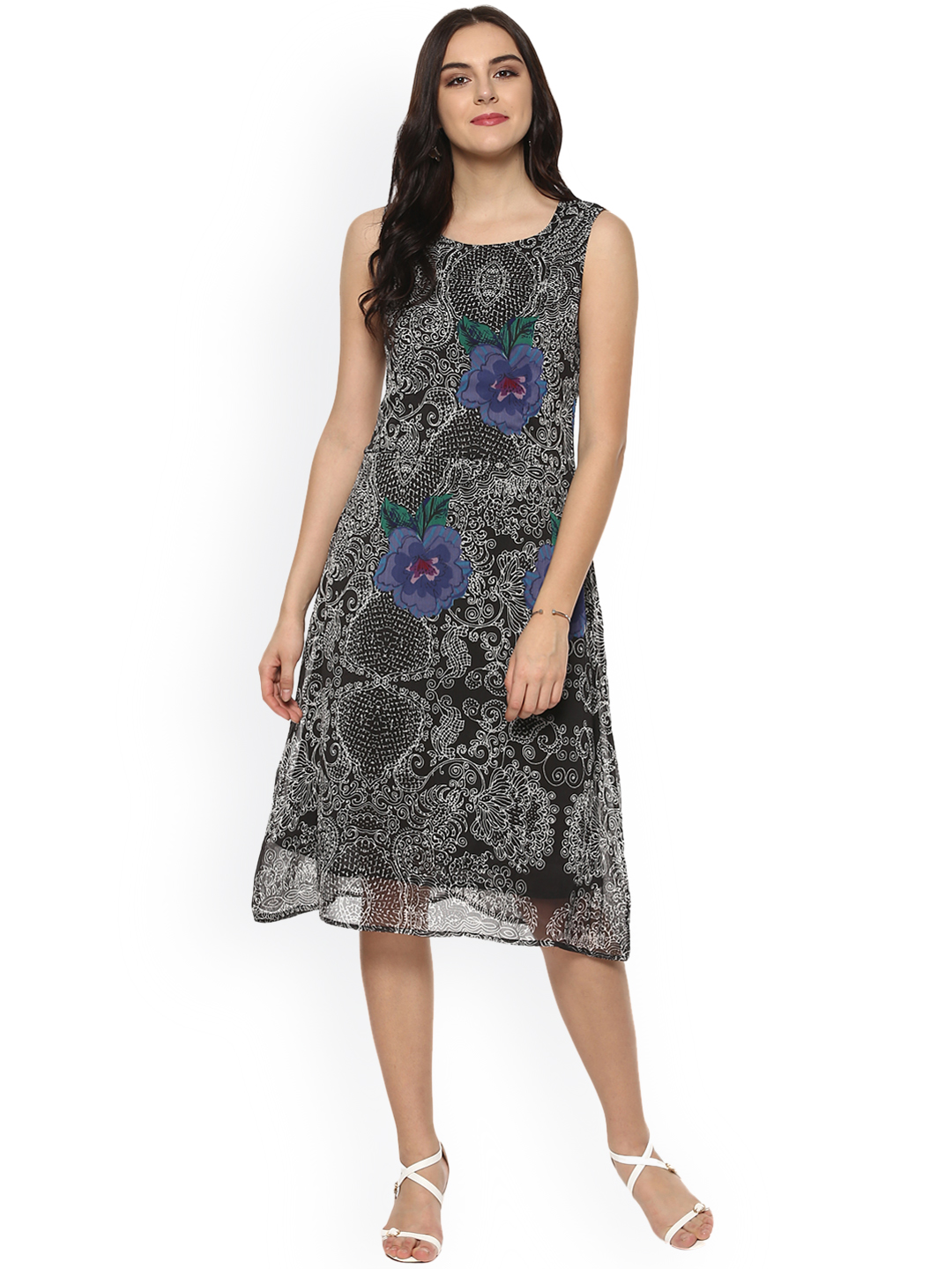 StyleStone Women Black Printed A-Line Dress Price in India