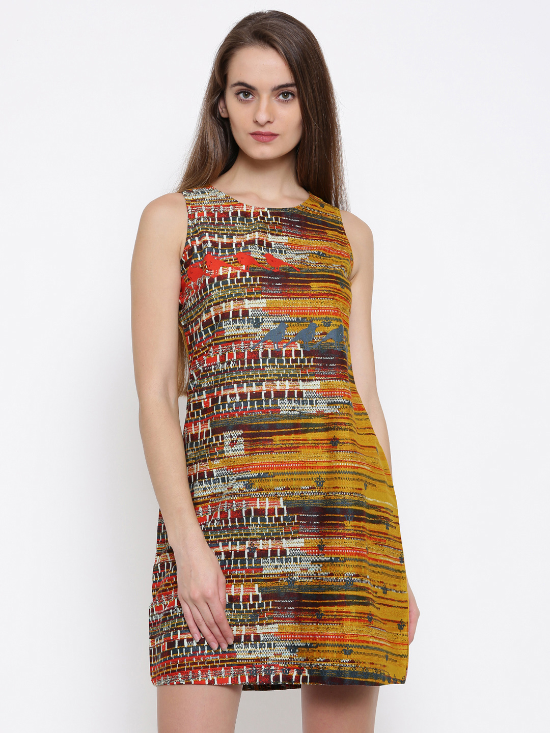 Global Desi Women Mustard Yellow Printed A-Line Dress Price in India