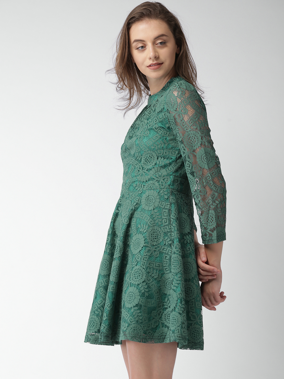 Mast & Harbour Women Green Self Design Fit & Flare Dress Price in India