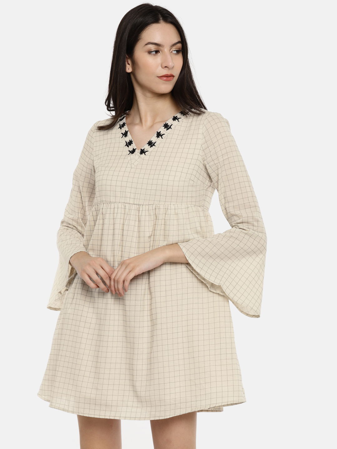 Vero Moda Women Beige Checked A-Line ...