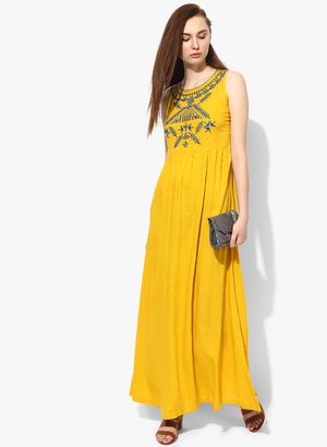 Yellow Coloured Embroidered Maxi Dress Price in India