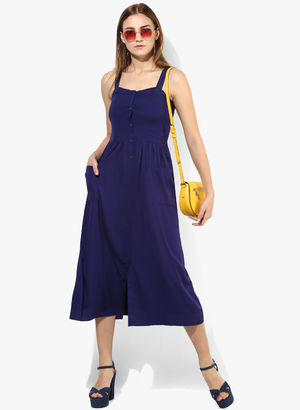 Navy Blue Coloured Solid Shift Dress Price in India