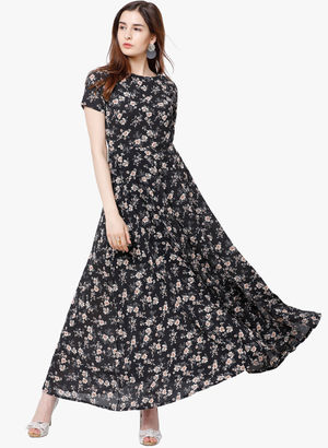 Black Coloured Printed Maxi Dress Price in India