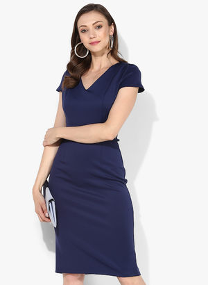 Navy Blue Coloured Solid Shift Dress With Belt Price in India