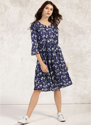 Navy Blue Coloured Printed Shift Dress Price in India